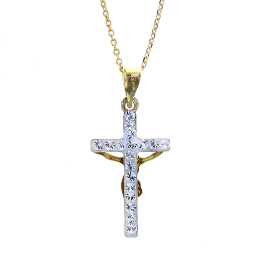 18K Gold Plated Sterling Silver Cross Necklace with Crucifix and White Crystal